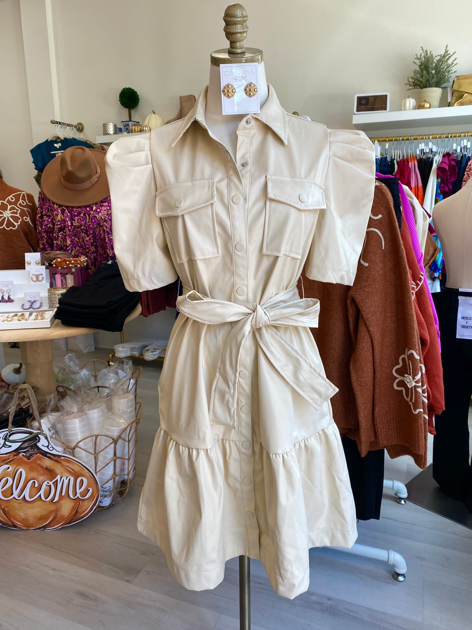 Cream Leather Button Down Dress