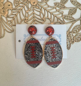 Acrylic Football Earrings Pewter/Red