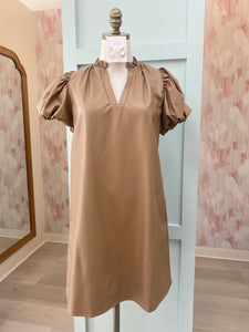 Leather VNeck Dress-Camel