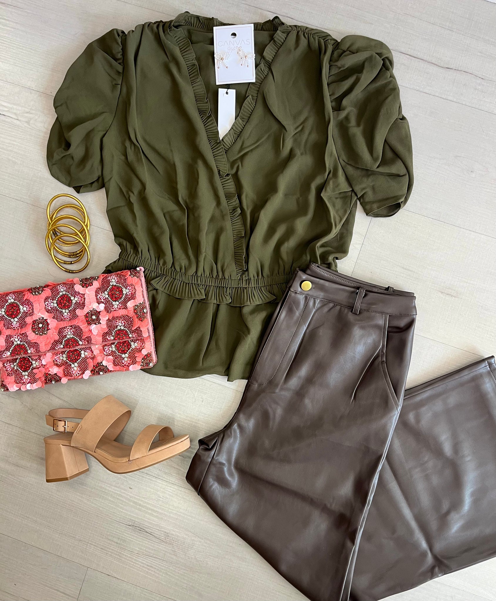 Shirred Peplum Blouse Green