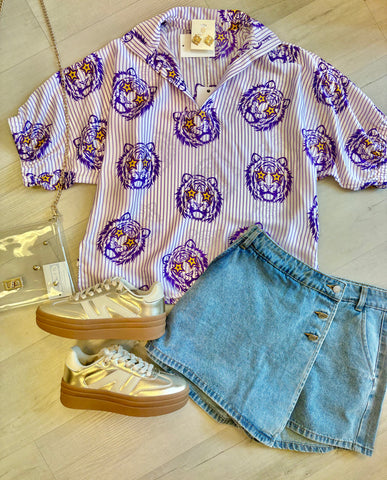 Tiger Gaze 3/4 Slv Collared Top