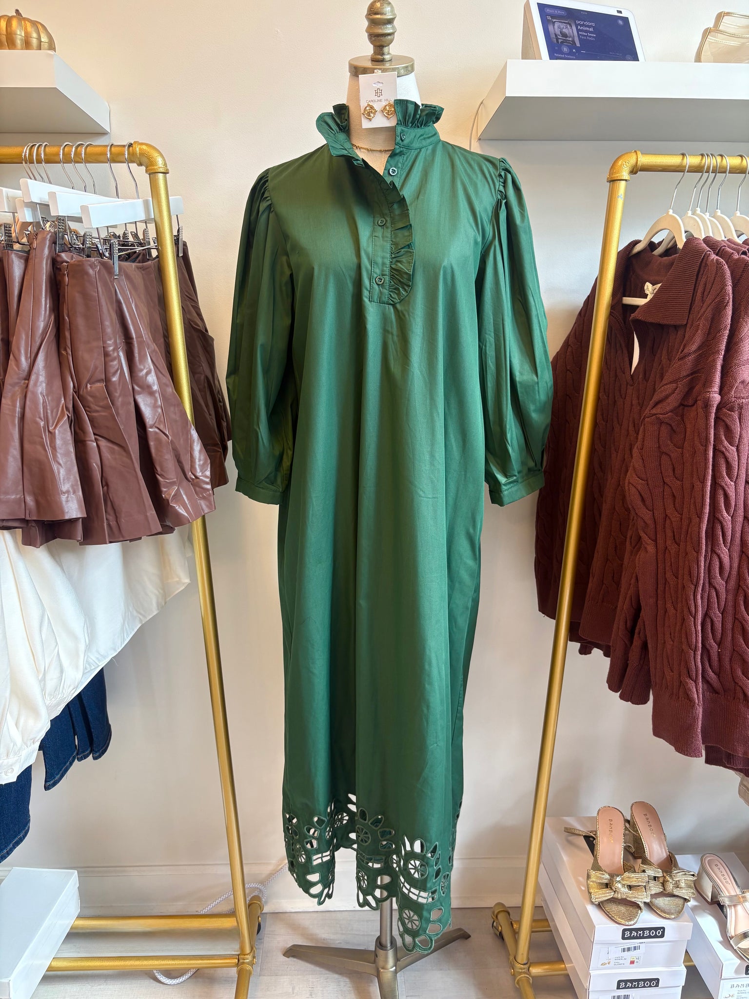 Karli Ruffle Collar 3/4 Slv Midi Grn