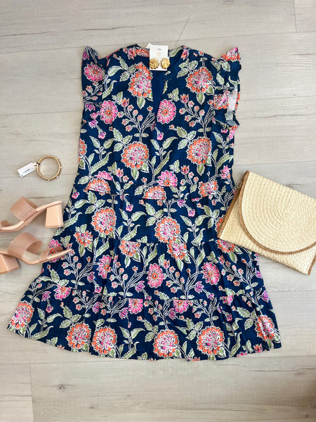 Tiered Floral Satin Dress Navy