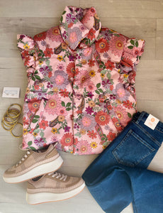 Pink Floral Puffer Vest