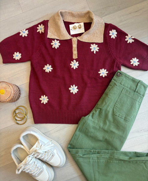 Meredith Floral SS Collared Sweater