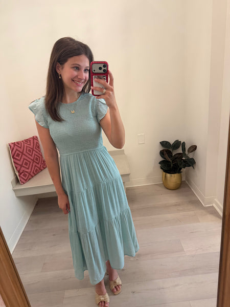 Dusty Sage Smocked Midi Dress