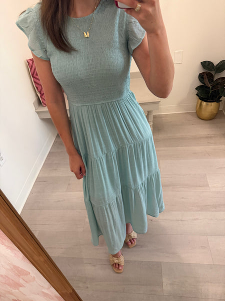 Dusty Sage Smocked Midi Dress