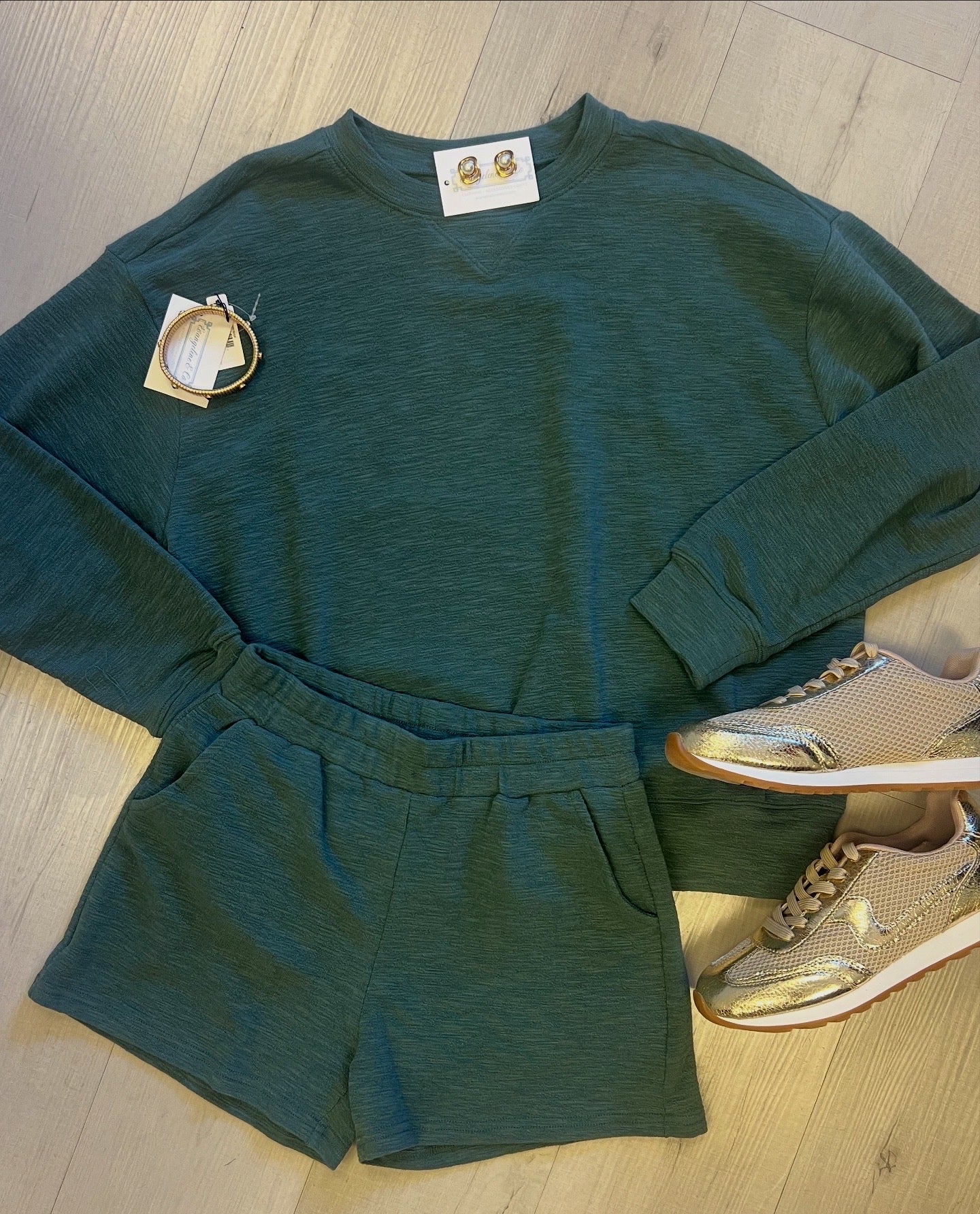 Textured LS Pullover Shorts Set Grn