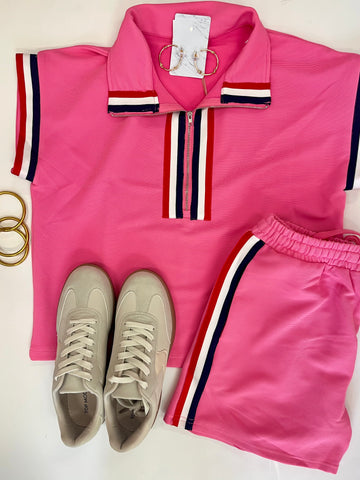 3/4 Zip Strip Detail Short Set Pink