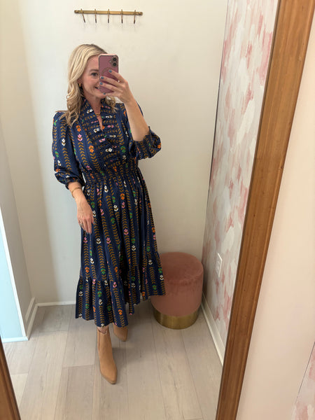 Randi Striped & Floral Midi Navy