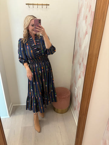 Randi Striped & Floral Midi Navy