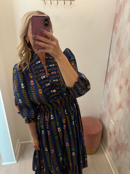 Randi Striped & Floral Midi Navy