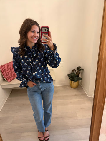 Victoria Tie Neck Top Navy