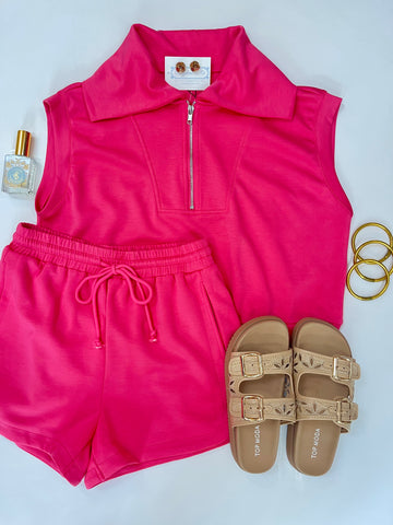 Sleevless 3/4 Zip Short Set Pink