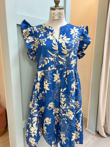 Erin Blue Floral Print Tiered Dress