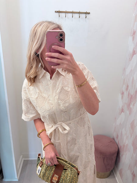 Lace Midi Shirt Dress Cream