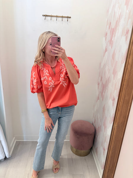 Lollie Embroidered Top Coral