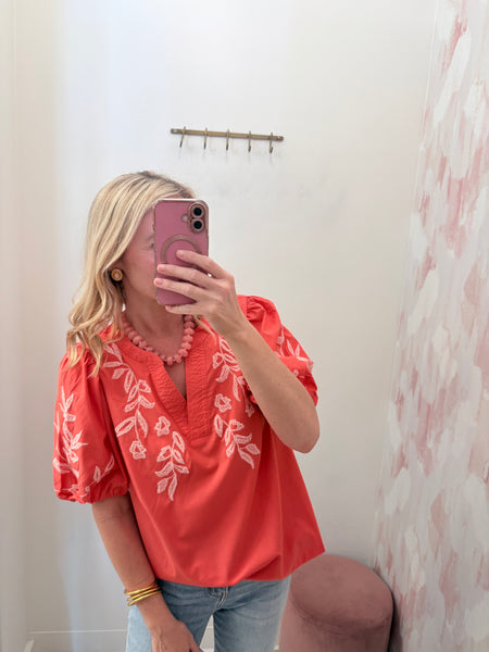 Lollie Embroidered Top Coral