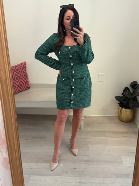 Holiday Tweed LS Dress Green