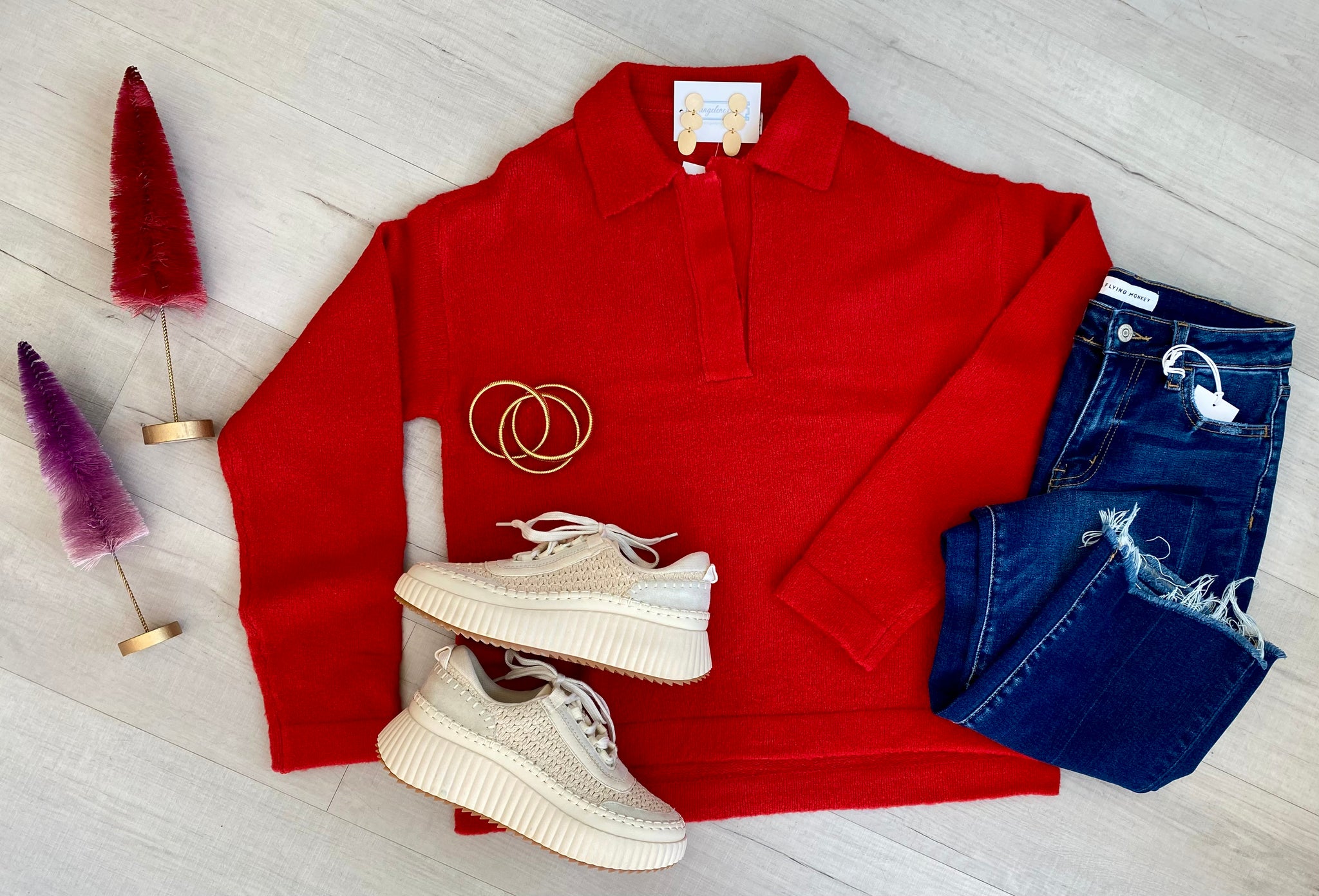 Polo Neck Sweater Pull Over Red