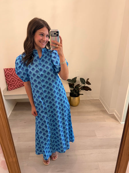 Jena Ruffle Collar SS Midi Blue