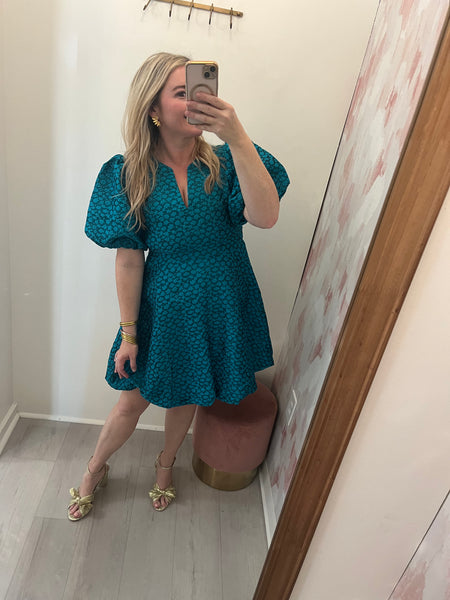 Textured Puff Sleeve Dress Teal