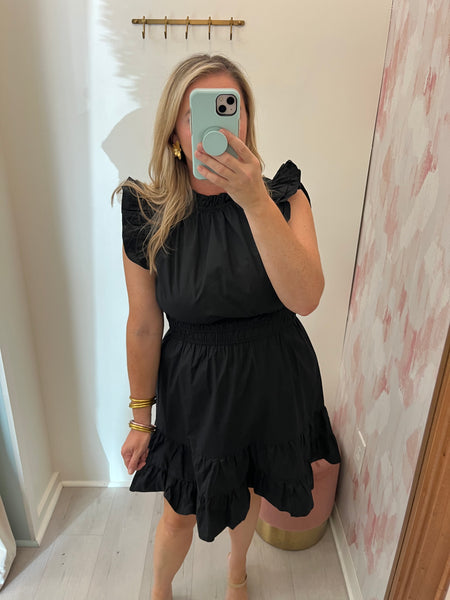 Black Poplin Ruched Waist Dress