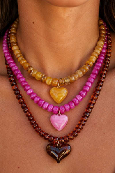 Beaded Heart Necklace Magenta