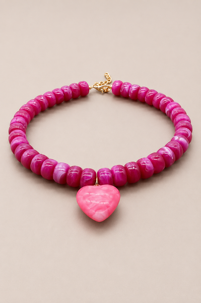 Beaded Heart Necklace Magenta