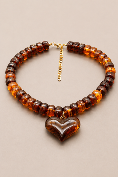 Beaded Heart Necklace Brown