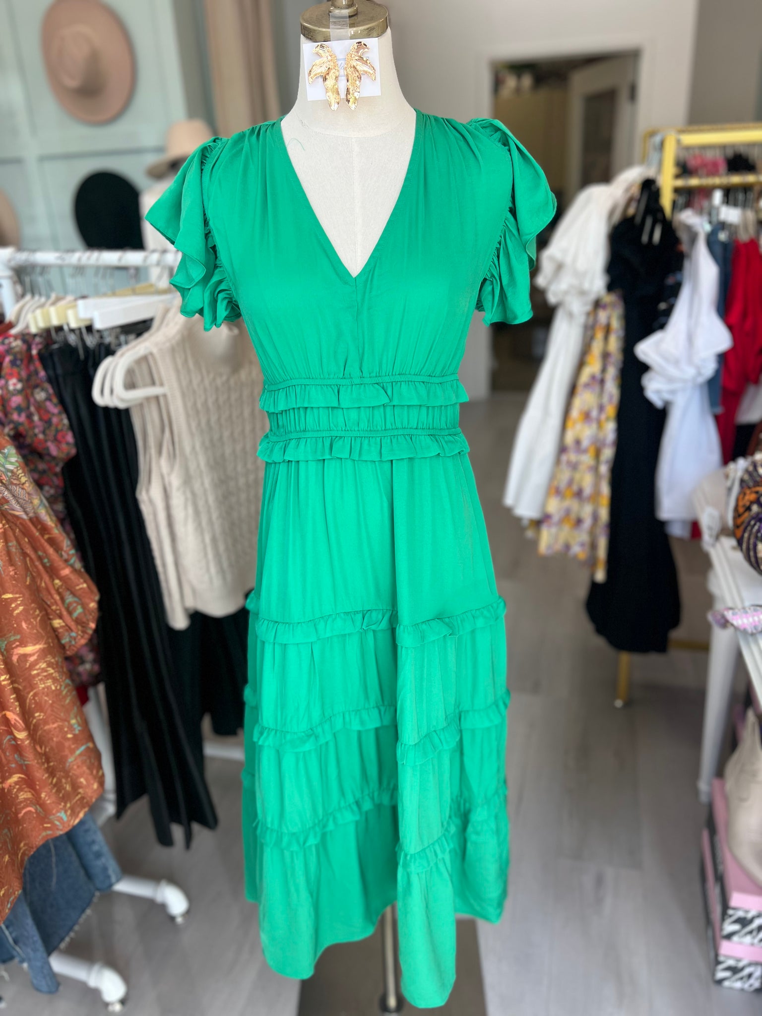 Emerald Ruffle Tiered Midi Dress