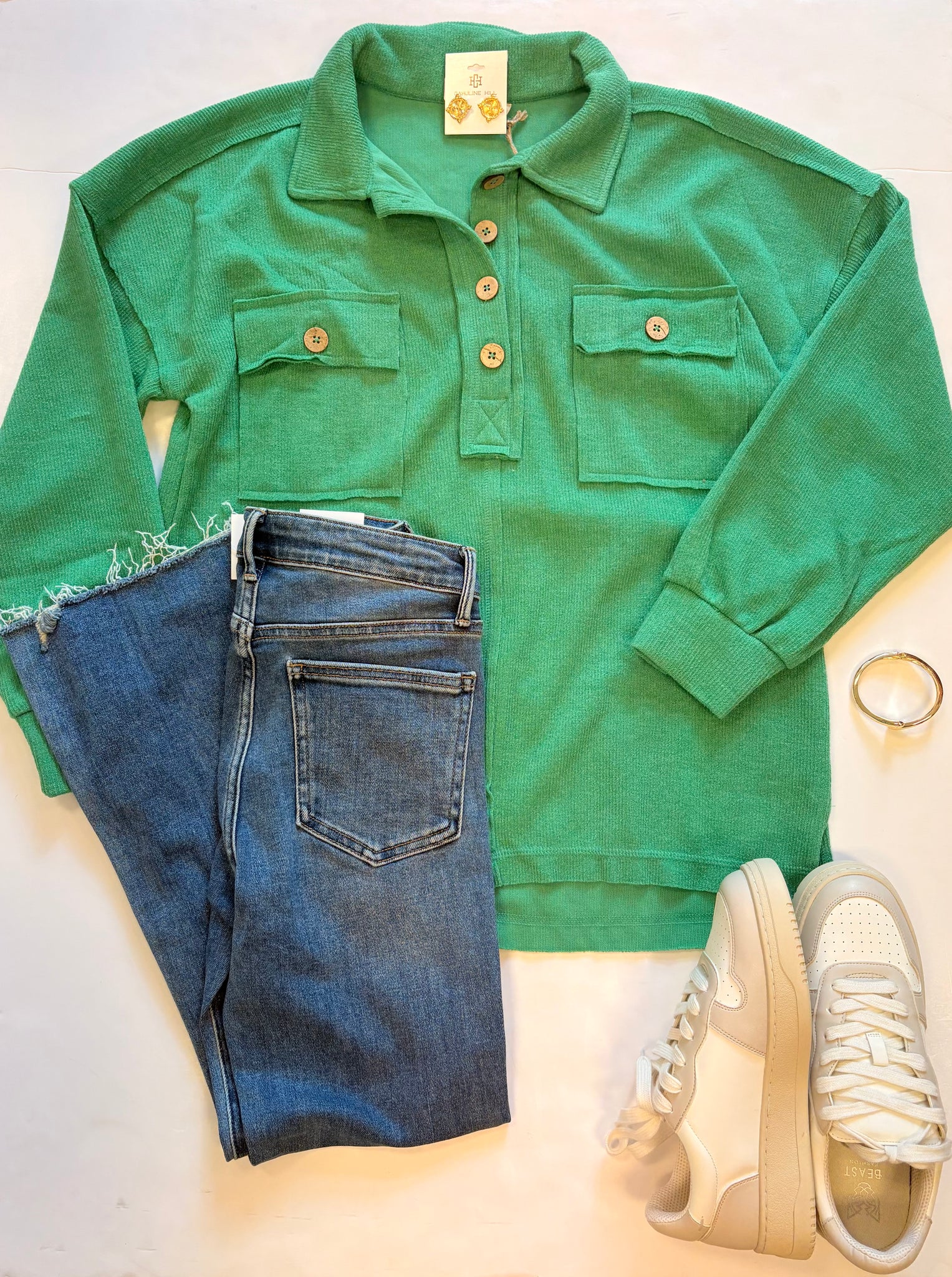 Collared Henley Knit Top Green