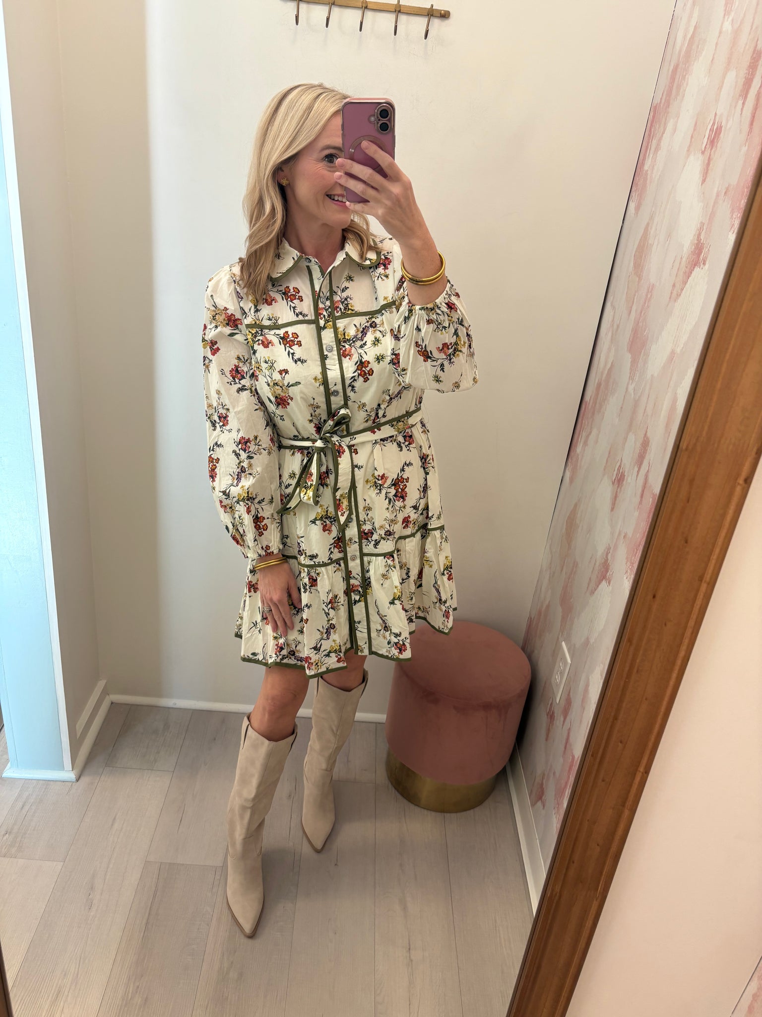 Ecru Floral Tie Waist Dress