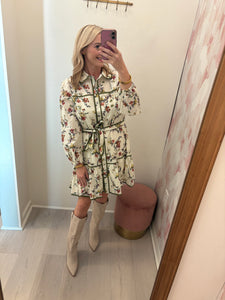 Ecru Floral Tie Waist Dress