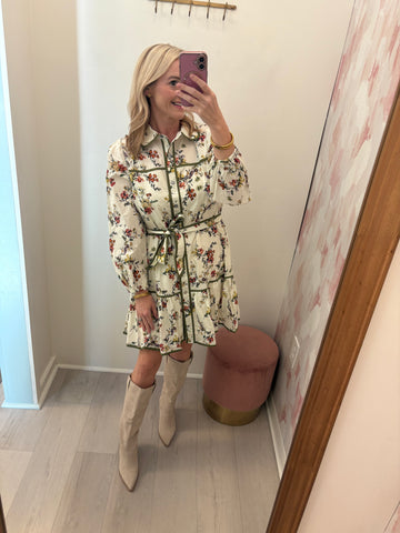 Ecru Floral Tie Waist Dress