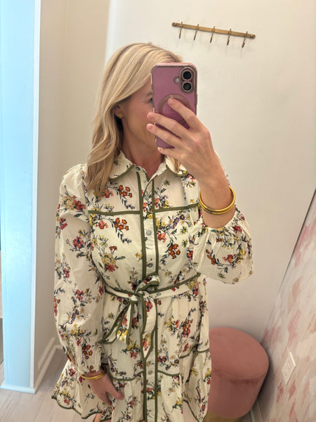Ecru Floral Tie Waist Dress
