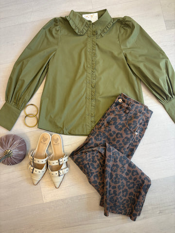 Babydoll Collar Olive Top