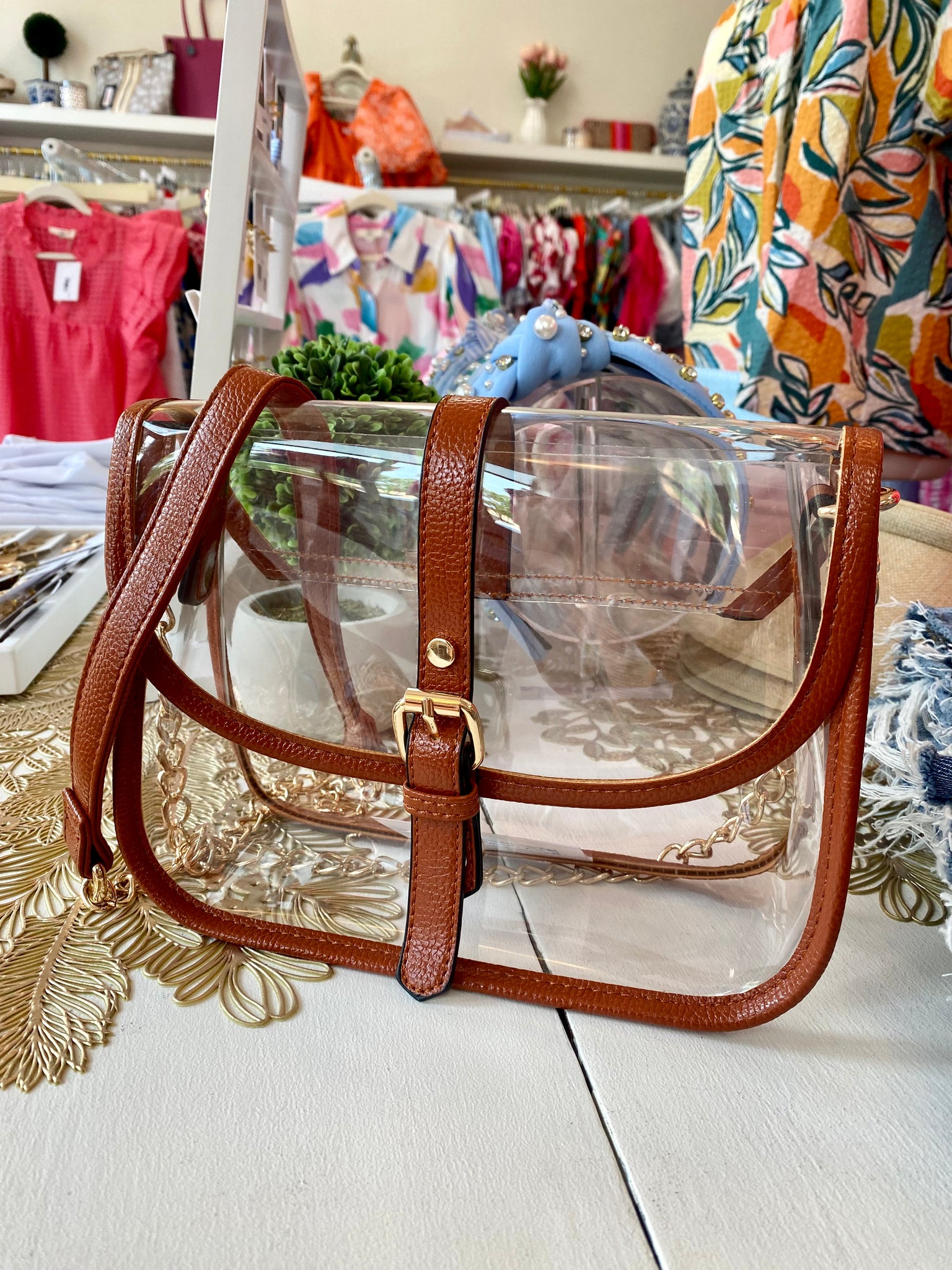Brown Leather Clear Purse