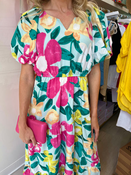 Mint Floral Bubble Sleeve Dress