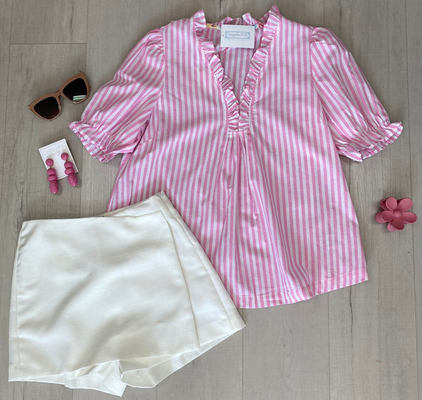 Pink Stripe Ruffle V-Neck Blouse