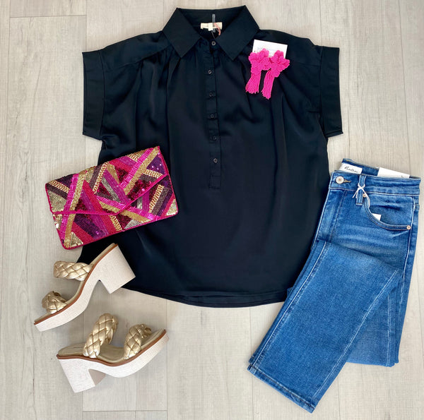 Satin 1/2 Button Blouse Blk